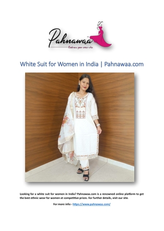 White Suit for Women in India | Pahnawaa.com