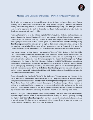 Mysore Ooty Coorg Tour Package – Perfect for Family Vacations