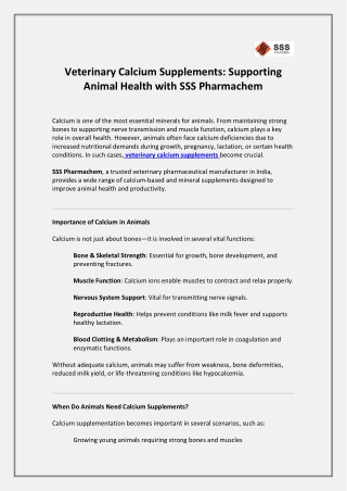 Veterinary Calcium Supplements: Supporting Animal Health with SSS Pharmachem