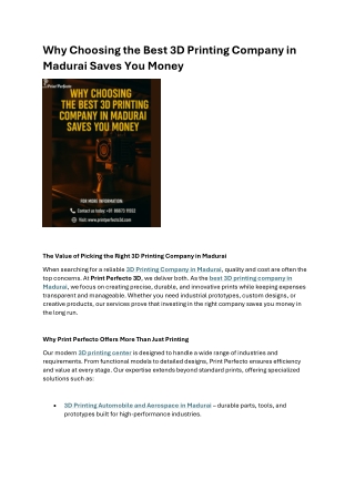 Why Choosing the Best 3D Printing Company in Madurai Saves You Money