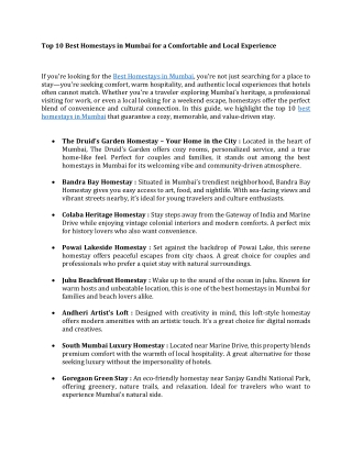 Top 10 Best Homestays in Mumbai for a Comfortable and Local Experience