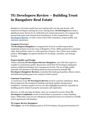 TG Developers Review – Building Trust in Bangalore Real Estate