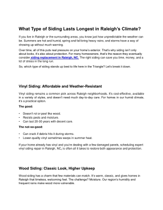 What Type of Siding Lasts Longest in Raleigh’s Climate