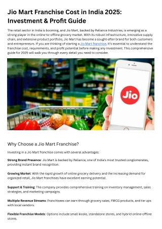 Jio Mart Franchise Cost in India 2025 Investment & Profit Guide