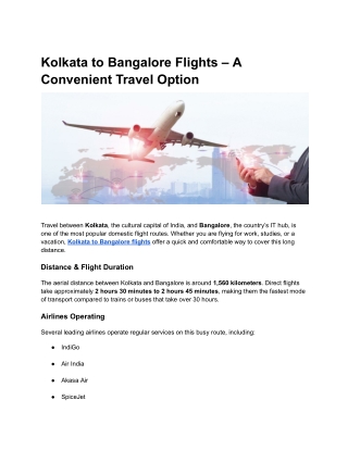 Kolkata to Bangalore Flights – A Convenient Travel Option
