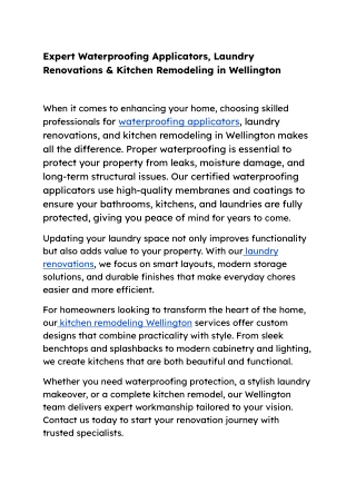 Expert Waterproofing Applicators, Laundry Renovations & Kitchen Remodeling in Wellington