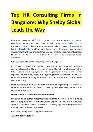 Top HR Consulting Firms in Bangalore - Why Shelby Global Leads the Way