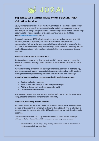 Top Mistakes Startups Make When Selecting 409A Valuation Services