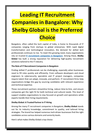 Leading IT Recruitment Companies in Bangalore - Why Shelby Global is the Preferred Choice