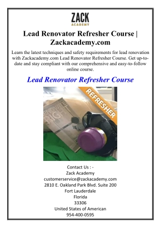 Lead Renovator Refresher Course | Zackacademy.com