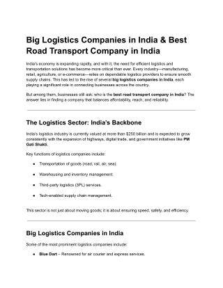 Big Logistics Companies in India & Best Road Transport Company in India