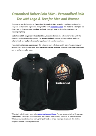 Customised Unisex Polo Shirt – Personalised Polo Tee with Logo & Text