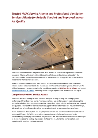 Trusted HVAC Service Atlanta and Professional Ventilation Services Atlanta for Reliable Comfort and Improved Indoor Air