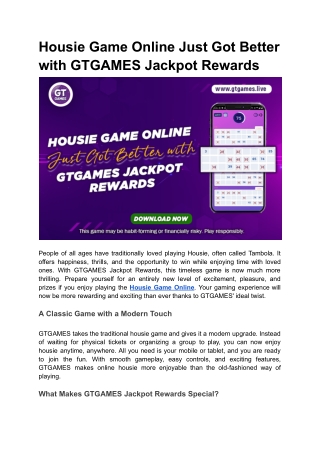 Housie Game Online Just Got Better with GTGAMES Jackpot Rewards