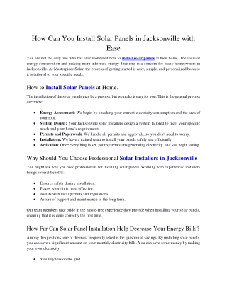 How Can You Install Solar Panels in Jacksonville with Ease