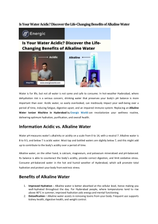 Is Your Water Acidic - Discover the Life-Changing Benefits of Alkaline Water Machine In Hyderabad