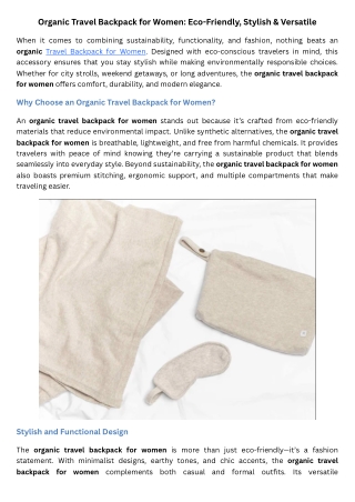 Organic Travel Backpack for Women Eco-Friendly, Stylish & Versatile