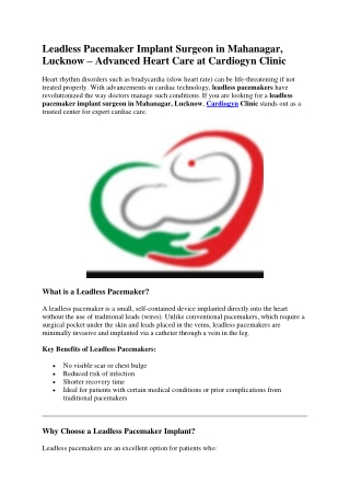 Leadless Pacemaker Implant Surgeon in Mahanagar, Lucknow