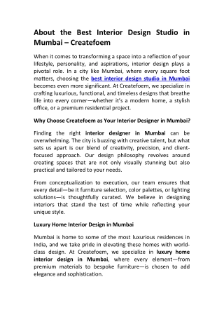 Top Residential Interior Designer in Mumbai Createfoem