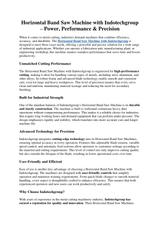Horizontal Band Saw Machine with Indotechgroup – Power, Performance & Precision