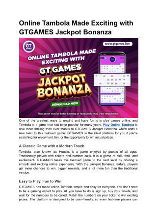 Online Tambola Made Exciting with GTGAMES Jackpot Bonanza