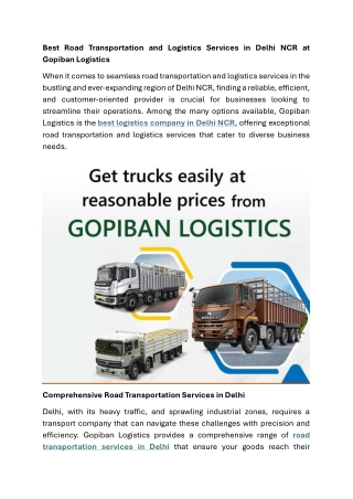 Best Transport and Logistics Services in Delhi NCR at Gopiban Logistics