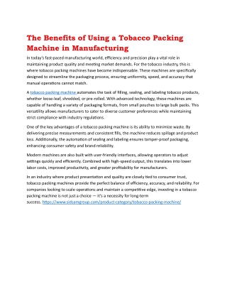 The Benefits of Using a Tobacco Packing Machine in Manufacturing