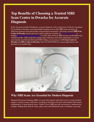 Top Benefits of Choosing a Trusted MRI Scan Centre in Dwarka for Accurate Diagnosis