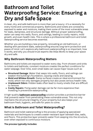 Bathroom and Toilet Waterproofing Service Ensuring a Dry and Safe Space