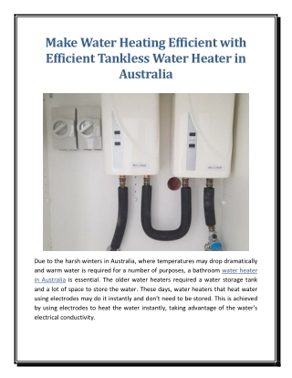 Make Water Heating Efficient with Efficient Tankless Water Heater in Australia
