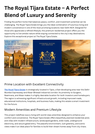 The Royal Tijara Estate – A Perfect Blend of Luxury and Serenity