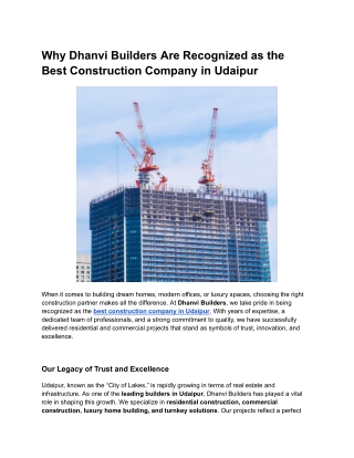 Why We Are Recognized as the Best Construction Company in Udaipur