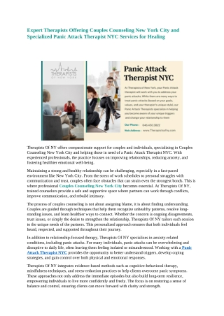 Expert Therapists Offering Couples Counseling New York City and Specialized Panic Attack Therapist NYC Services for Heal