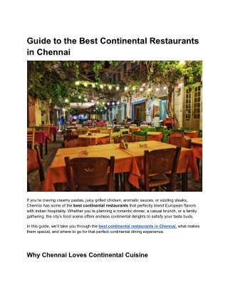Guide to the Best Continental Restaurants in Chennai