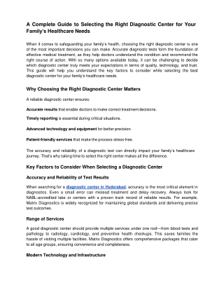 A Complete Guide to Selecting the Right Diagnostic Center for Your Familys Healthcare Needs