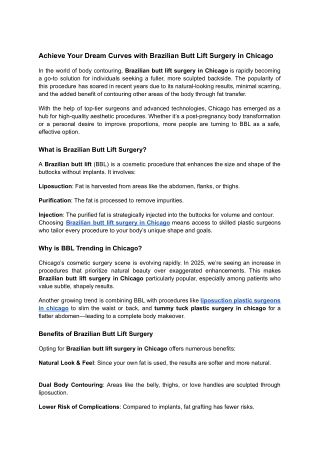 Achieve Your Dream Curves with Brazilian Butt Lift Surgery in Chicago