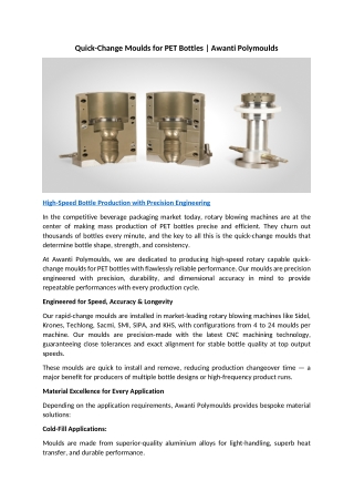 Quick-Change Moulds for PET Bottles Awanti Polymoulds