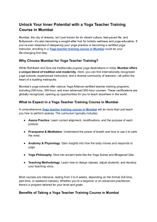 Unlock Your Inner Potential with a Yoga Teacher Training Course in Mumbai