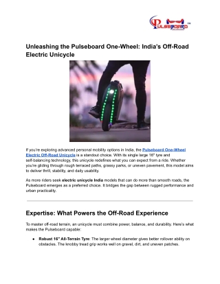 Pulseboard One-Wheel Electric Off-Road Unicycle in India | Best Off-Road Unicycl
