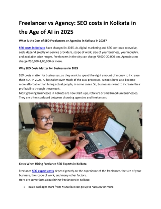 Freelancer vs Agency SEO costs in Kolkata in the Age of AI in 2025