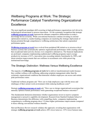Wellbeing Programs at Work The Strategic Performance Catalyst Transforming Organizational Excellence