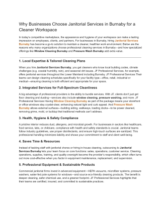 Why Businesses Choose Janitorial Services in Burnaby for a Cleaner Workspace