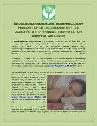 Nicolesmassagehealingtherapies.com.au Presents Spiritual Massage Kahuna Mackay QLD for Physical, Emotional, and Spiritua
