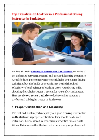 Top 7 Qualities to Look for in a Professional Driving Instructor in Bankstown