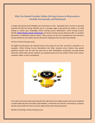 Why You Should Consider Online Driving Courses in Waynesboro, Norfolk, Portsmout