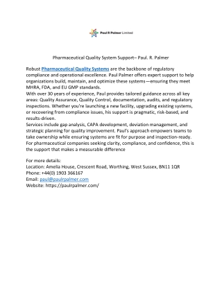 Pharmaceutical Quality System Support Services in UK