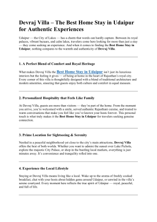 Devraj Villa – The Best Home Stay in Udaipur for Authentic Experiences