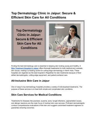 Top Dermatology Clinic in Jaipur: Secure & Efficient Skin Care for All Condition