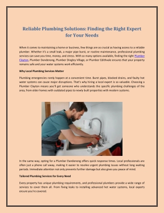 Reliable Plumbing Solutions: Finding the Right Expert for Your Needs