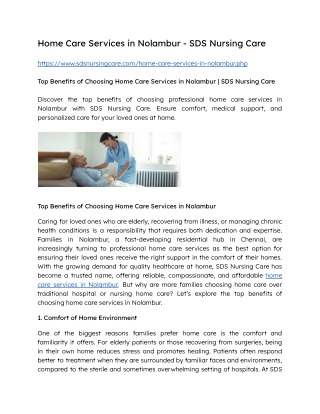 Home Care Services in Nolambur - SDS Nursing Care